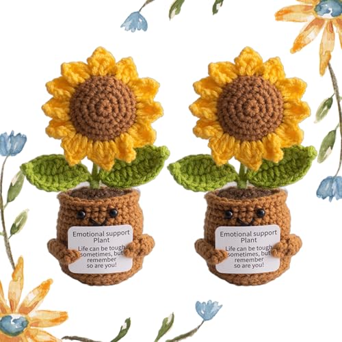 2pcs Handmade Positive Sunflower Crochet Plant, Emotional Support Crochet, Appreciation Gift for Coworker, Friend - Christmas, Birthday, Thank You Gifts Women, Men