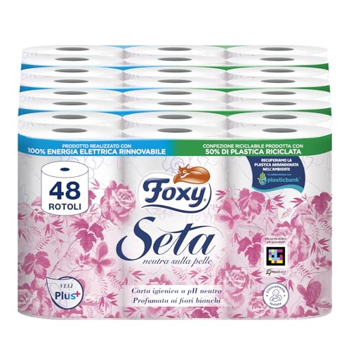 Foxy Seda | Papel higiénico 200 hojas x 48 rollos, 2 capas de alto grosor | Embalaje reciclable fabricado con plástico reciclado