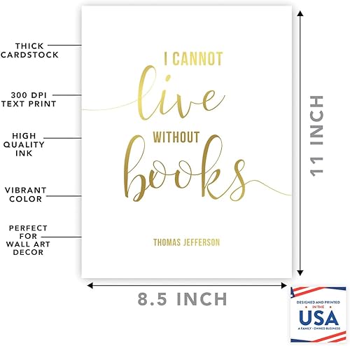 Miniatura 2 de Andaz Press Arte de pared de biblioteca, tinta dorada metálica, No puedo vivir sin libros, Thomas Jefferson, libros de 8.5 x 11 pulgadas, impresión