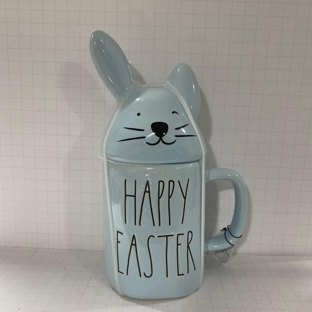 Rae Dunn HAPPY EASTER Mug with Bunny ears topper - BLUE - Easter - Ceramic - Dishwasher and Microwave safe - Coffee Tea Cup