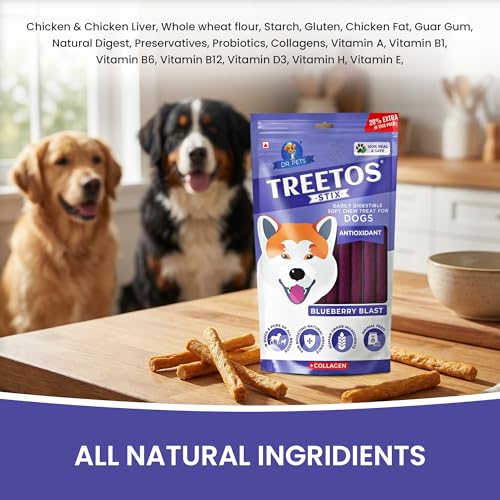 Image of Dr. Pets 85g Treetos Chicken Stix Dog Treats | Blueberry Blast Flavour | Soft Chew Sticks for Puppies & Adult Dogs | Training Reward Treat | Easy to Digest | Pouch Pack