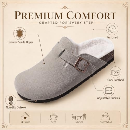 Image of KIDMI Women's Fur Lined Genuine Suede Clogs Fuzzy Cork Footbed Potato Shoes