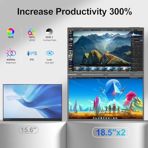 Image of Dual Portable Monitor, 18.5 inch 1080P FHD IPS Folding Stacked Triple Laptop Screen Extender, USB-C Plug & Play Travel Extended Computer Display for Laptop PC Windows Mac w /Stand & VESA Mountable
