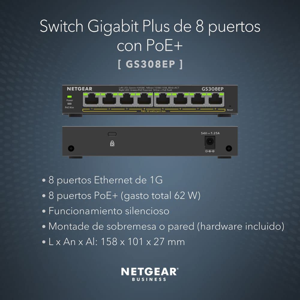 NETGEAR Switch Ethernet de 8 Puertos PoE Gigabit Plus GS308EP