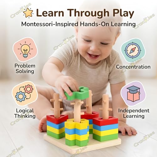 Image of Crackles Wooden Geometric Shape Sorter Stacking Toy for Kids | Montessori Educational Learning Toy with 16 Pieces | Color & Shape Recognition Puzzle | Twisting Learning Blocks Wooden Toy for Toddlers