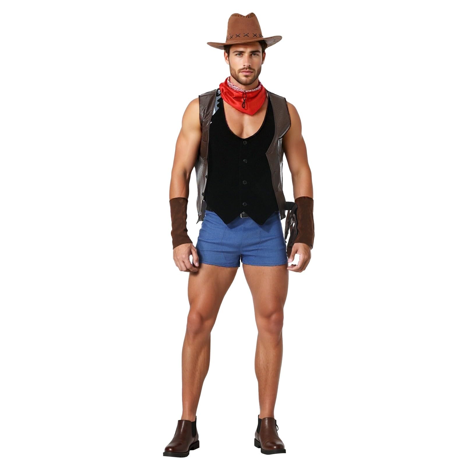 Generisch Men's Cosplay Costume Set Western Cowboy Role Play Costume Sexy Night Club Clubwear Gay Outfit Sleeveless Leather Jacket Vest Hat Scarf Short Trousers and Cufflinks Set, brown, XL — image 1