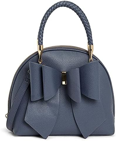 Like Dreams Medium Vegan Leather Fashion Satchel for Women Bow Tie Braided Handle Removable Strap Purse (Navy)