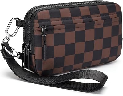 hibear Checkered Wristlet Wallets for Women - Small Nylon Crossbody Bum Bag with ID Window & 4 Zippe...