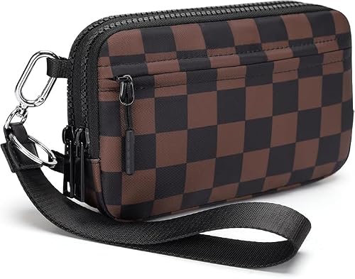 hibear Checkered Wristlet Wallets for Women - Small Nylon Crossbody Bum Bag with ID Window & 4 Zippers (Mocha)