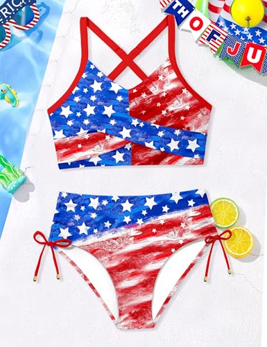 Image of Teen Girls Swimsuits V-Neck Bikini Set Bathing Suits Cross Straps Two Piece Swimwear with Drawstring