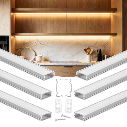 VEVOR Profilé Aluminium LED en U 1 m Lot de 6 Canal LED pour Ruban Lumineux Éclairage sous Meuble Cuisine, avec Diffuseur en PC Blanc Laiteux, Clips de Fixation et Embouts, Aluminium Anodisé Argent
