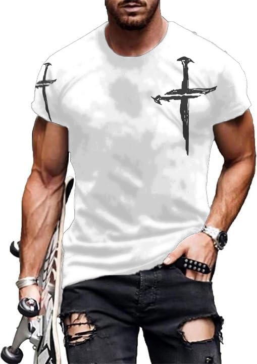 Mens T-Shirts Jesus Cross Faith Vintage Oil Painting Casual Short Sleeve T-Shirts S...
