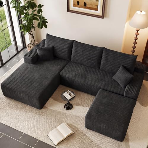 Image of 95 inch Boneless Cloud Couch Sectional Couches Sofa for Living Room | Modular U-Shaped Couch, Comfy Modern Corduroy Memory Foam Sofas with Ottoman, Oversized Chaise (Black, Left-Facing Chaise)