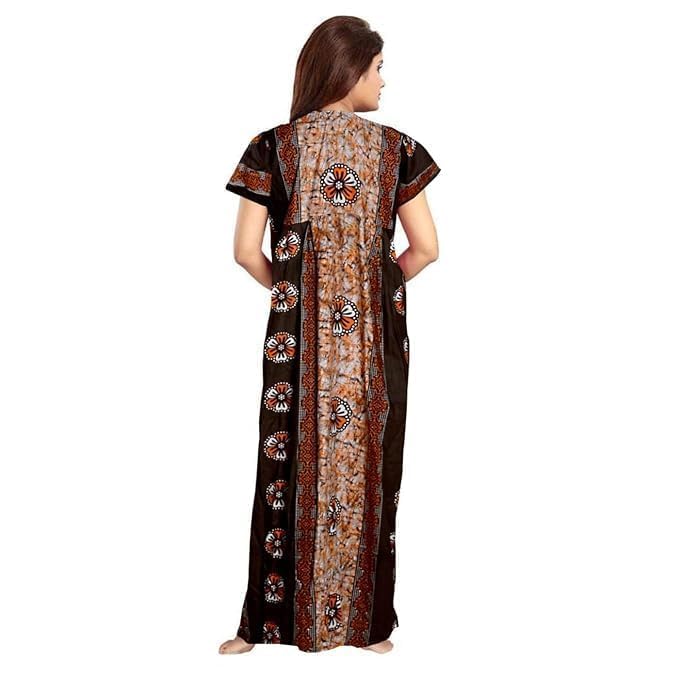 Image of NILOUFO Women's Cotton Printed Maxi Nighty - Pack of 2 | Soft Ankle-Length Sleepwear Gowns for Women | Free Size Night Dresses (Brown,Maroon, Free Size)