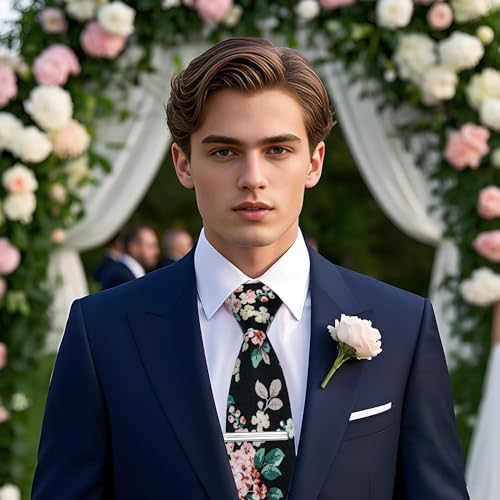 Image of YourTies Cotton Floral Tie for Men 2.5 inch Printed Skinny Necktie Pocket Square Tie Clip Set Flower Wedding Party Groom