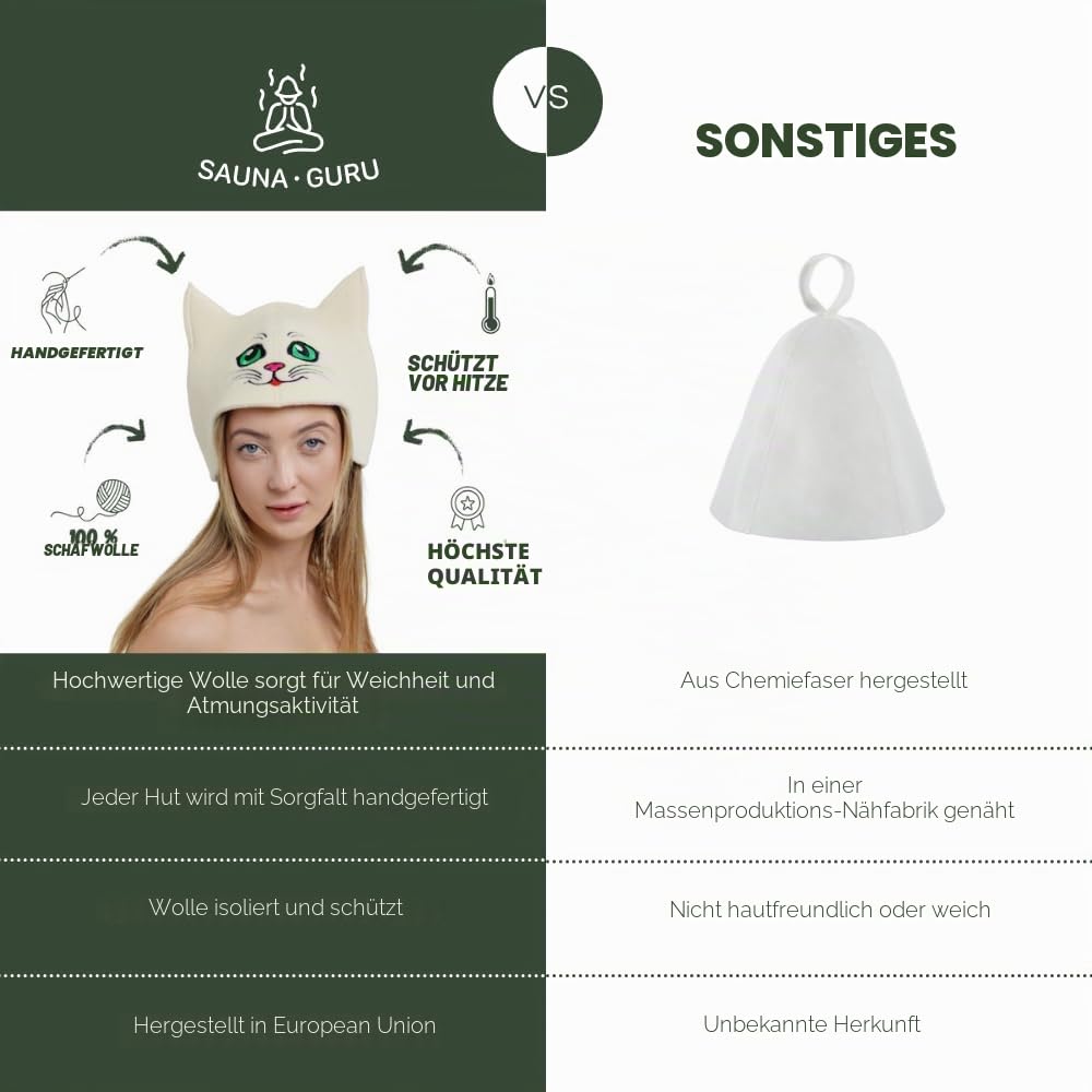 Saunahut "Sauna Kitten Green" weiß - 100% Bio-Wollfilzmmützen für russische Banya - Schützen Sie Ihren Kopf vor Hitze - Sauna eBook Guide enthalten - mit Stickerei