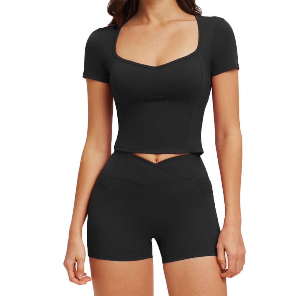 XYFfybhsd Women's 2 Piece Yoga Set, Square Neck Short Sleeve Crop Top with High Waist Shorts, Activewear for Gym Workout(Size:M,Color:Black)