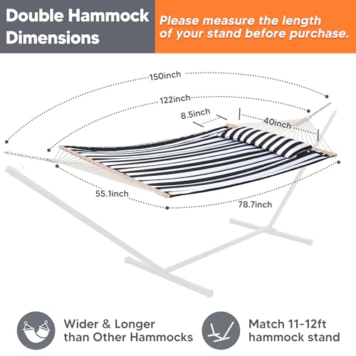 Image of SUNCREAT Double Quilted Hammock with Hardwood Spreader Bar, Extra Large Soft Pillow, Heavy Duty 2 Person Hammock for Indoor, Outdoor, Black Stripes