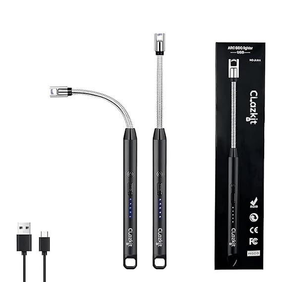 Clazkit Plastic, Stainless Steel USB Rechargeable Plasma Arc Lighter Windproof, 360° Flexible Neck, Multipurpose for Kitchen, Pooja, Candles & BBQ Up to 600 Uses Per Charge