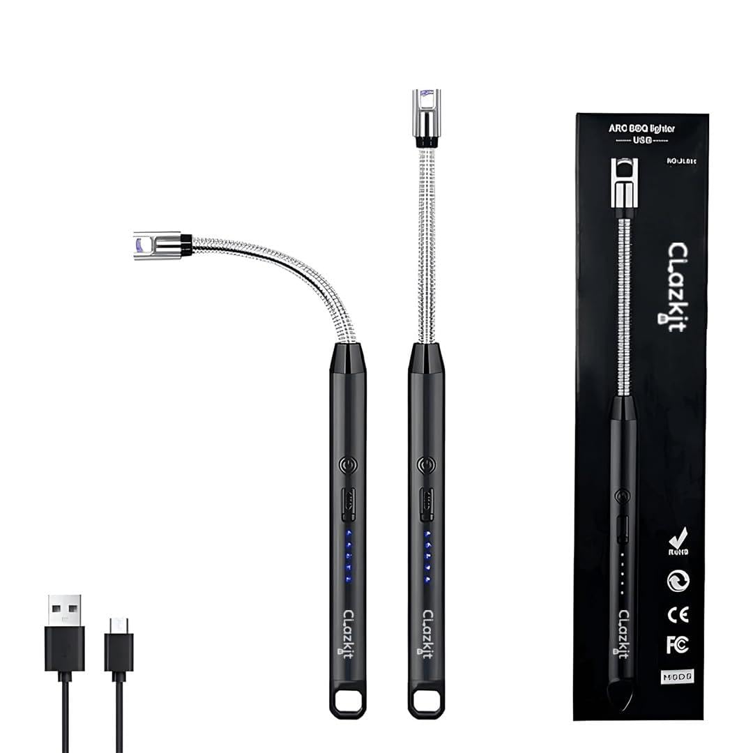 Clazkit Plastic, Stainless Steel USB Rechargeable Plasma Arc Lighter Windproof, 360° Flexible Neck, Multipurpose for Kitchen, Pooja, Candles & BBQ Up to 600 Uses Per Charge