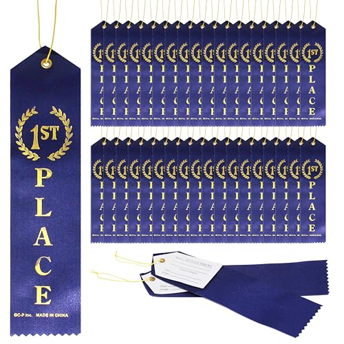 First Place Ribbons - Blue Award Ribbons Bulk 36 Pk - Prize Ribbons - Blue Ribbon Award Contest Ribbons For Sports Events, Competition, School, Spelling Bee with Event Card & String Fine Gold Print