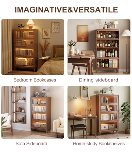 Image of Solid Wood Book Case 4Tier Bookshelves with Tempered Glass Flip-Up Doors Brown Finish Adjustable laminate, Bookshelf Versatile Pantry Cabinet with Storage Home Office (Original Wood D14xW32xH60 inch)