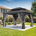 DWVO 12x14ft Hardtop Gazebo Double Roof with Nettings and Curtains, Heavy Duty Galvanized Steel Outdoor Roof for Patio, Backyard, Deck, Lawns, Gray