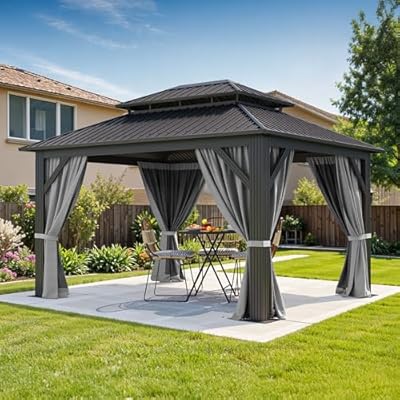 DWVO 12x14ft Hardtop Gazebo Double Roof with Nettings and Curtains, Heavy Duty Galvanized Steel Outdoor Roof for Patio, Backyard, Deck, Lawns, Gray