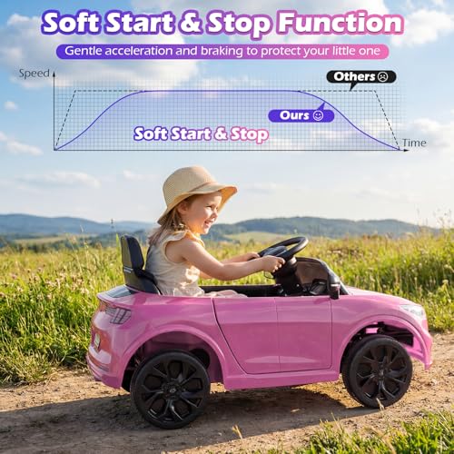 Image of Costzon Ride on Car, 12V Licensed Ford Mach E Kids Electric Vehicle with Parent Control, LED Lights, Horn, Music, Wireless Connection & Spring Suspension, Kids Car Toy for Girls Boys (Pink)