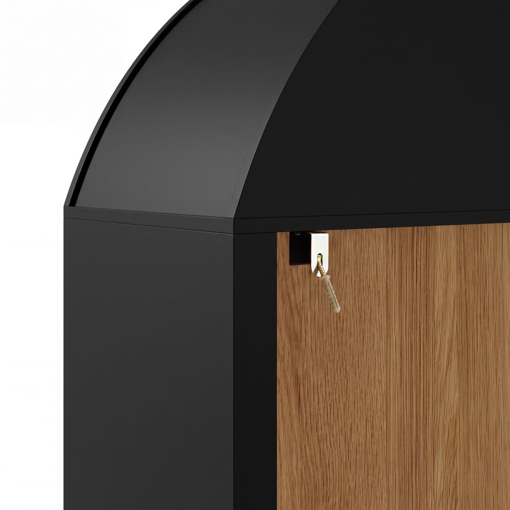 Buffet, vitrine avec 3 portes, 4 tiroirs et compartiment ouvert en arc rond, armoire de salon PB + MDF, buffet de salon, buffet avec poignées en aluminium (noir)