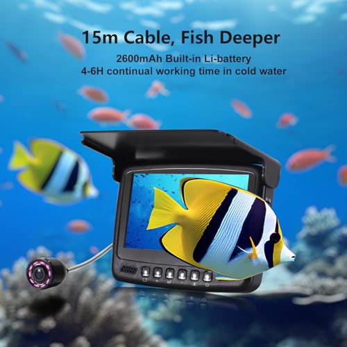 Image of Underwater Fishing Camera, 1000TVL Portable Fish Finder with 4.3 inch HD Monitor, 8 Infrared Night Vision Lights, 50ft Cable for Lake Boat Kayak Ice Fishing