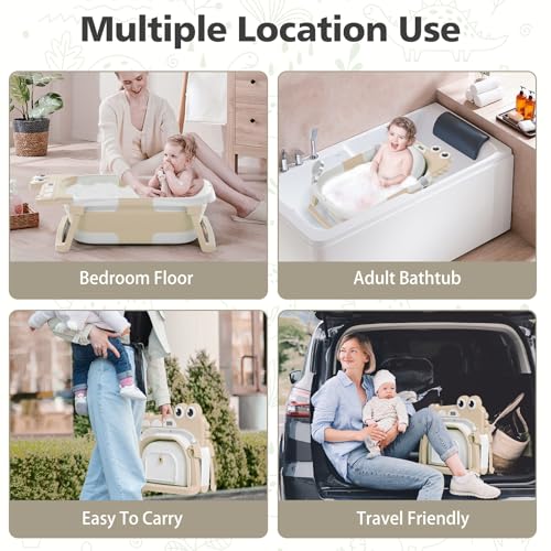 Image of Collapsible Baby Bathtub for Newborn, Foldable Baby Bath Tub with Thermometer & Soft Floating Cushion & Drain Hole, Portable Travel Infant Bath Tubs for Newborns to Toddlers 0-36 Months Boys, Beige