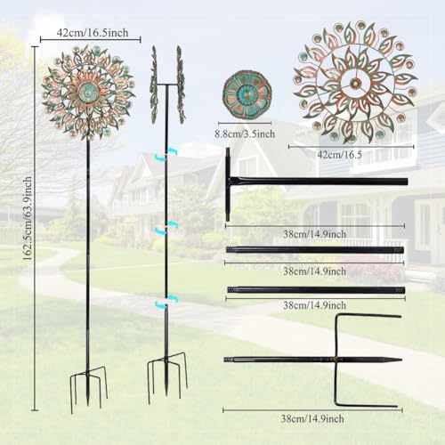 DREAMYSOUL Metal Wind Spinner, 16.5" Dia *64" Tall Large Wind Spinners Outdoor, 5 Pronged Kinetic Wind Sculptures & Spinners for Garden and Yard (Bronze) - image 5