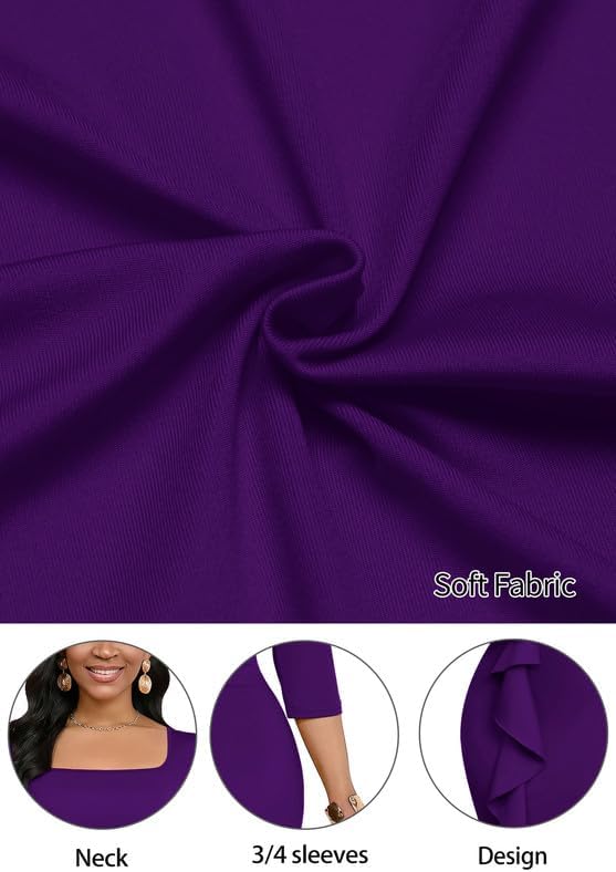 Womens Work Dresses Elegant Square Neck 3/4 Sleeve High Waist Bodycon Ruffle Vintage Church Pencil Midi Dress - Image 6