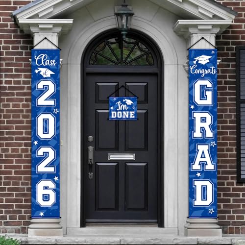 Image of Moukeren 3 Pieces 2026 Graduation Party Decorations Graduation Porch Sign Class of 2026 Grad Hanging Porch Banner Backdrop Door Sign for Grad Party Home Door Wall Decor(Blue)