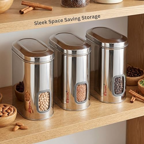 Image of Ebun Stainless Steel See Through Containers | Stainless Steel Container with Lid | Capsule Shape Steel Kitchen Containers Set | Steel Airtight Container | 2 Kgs Capacity Approx | Pack of 3
