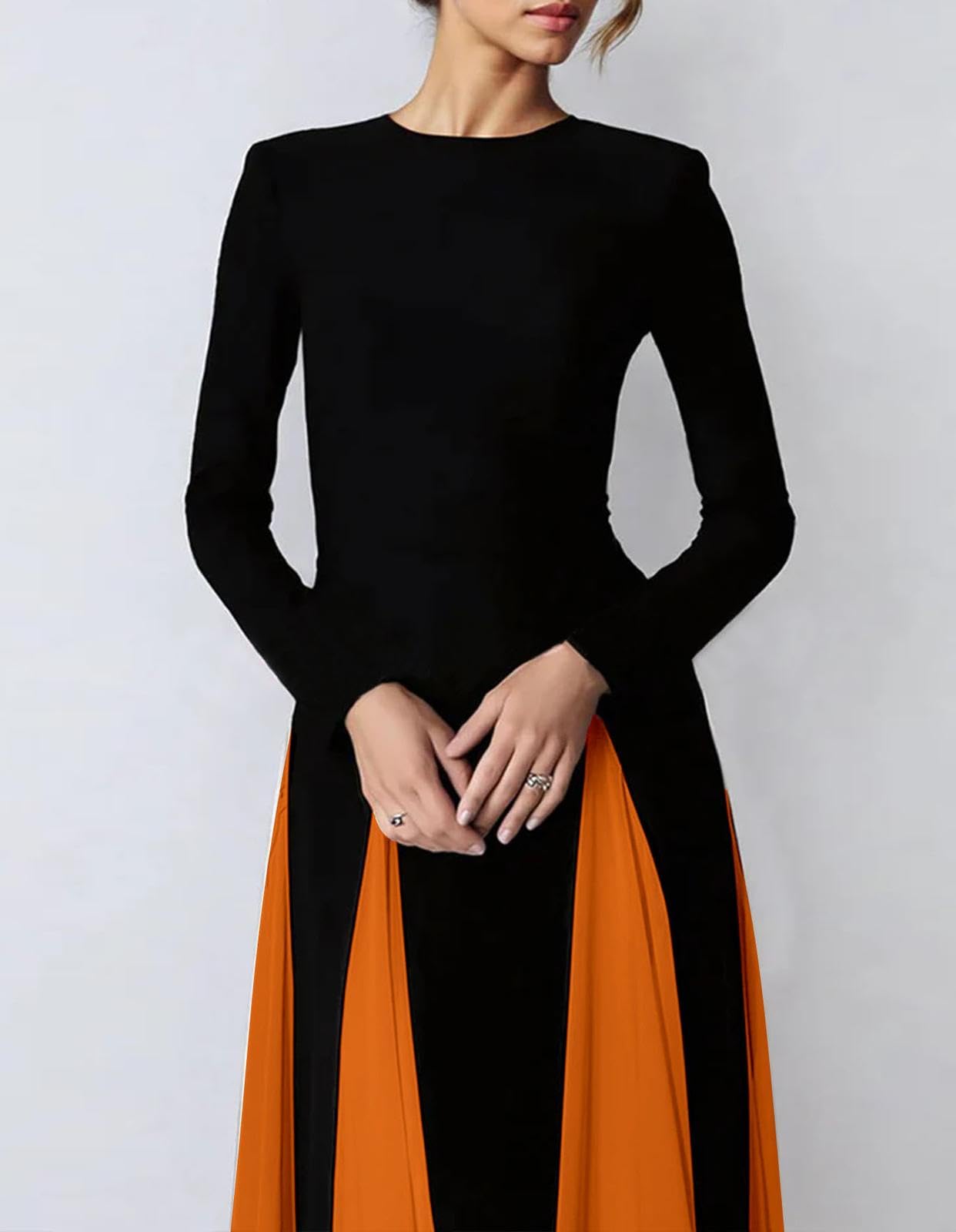 Generico Abiti Lunghi da Donna a Maniche Lunghe Bicolore fluidi, Eleganti, Larghi, a Blocchi di Colore, a sbalzo