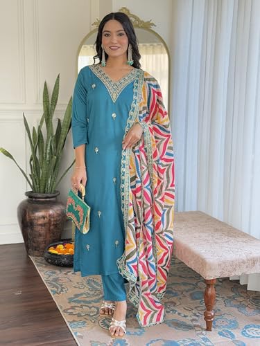 Image of Naixa Women's Viscose Embroidered Straight Kurta with Pant and Dupatta Sets (NX-467)