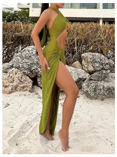 Women's Twist Front Sleeveless Halter Tie Long Dress Split Thigh Backless Cut Out Cami Dresses Sexy Dress4