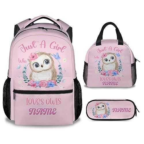 UNIKITTY Personalized Owl Backpack with LunchBox, Set of 3 School Backpacks Matching Combo, Cute Pink Bookbag and Pencil Case Bundle