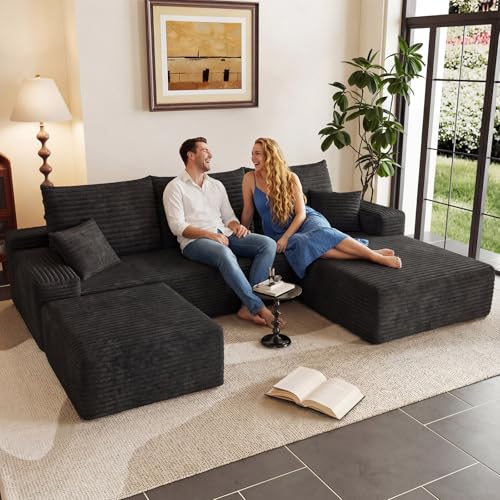 Image of 95 inch U-Shape Cloud Couch, Modern Modular Sectional L-Shape Sofa with Ottoman, Corduroy Upholstered Couches Deep Seat Sleeper Chaise Longue for Living Room, No Assembly Required(Black, Right Facing)
