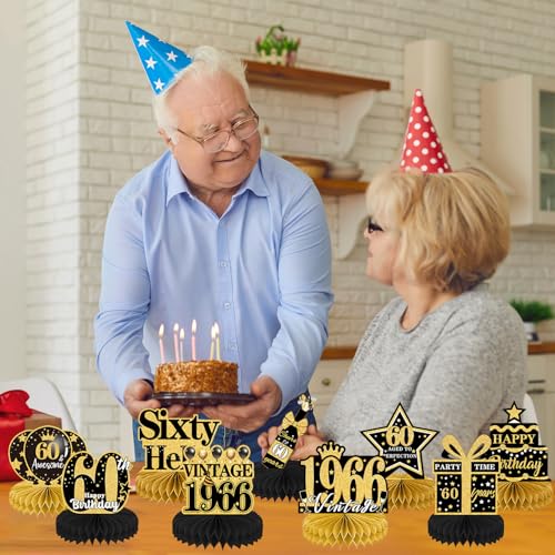 Image of 60th Birthday Party Decorations - 9PCS Vintage 60th Birthday Table Decorations for Men Women Black Gold Table Honeycomb Centerpiece Decorations Supplies for Sixty Year Old Birthday Party