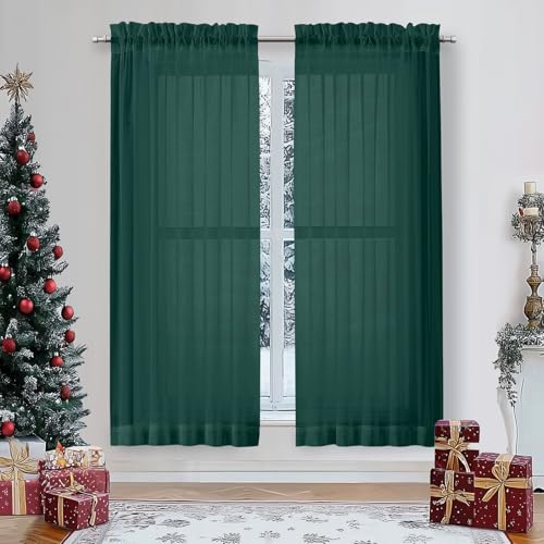 Image of OWENIE Sheer Curtains 63 inch Length 2 Panels Set, Light Weight Soft Solid Light Filtering Fimly Sheer Curtains for Bedroom Living Room, Rod Pocket Window Treatments, Hunter Green, 42Wx63L Inch