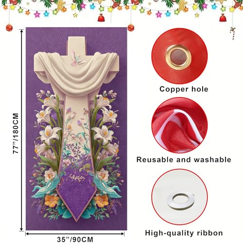 Image of Religious Easter Door Cover Cross and Lilies Banner Jesus Easter Door Decorations for Front Door He Is Risen Outside Home Decor 35.4x71 Inch