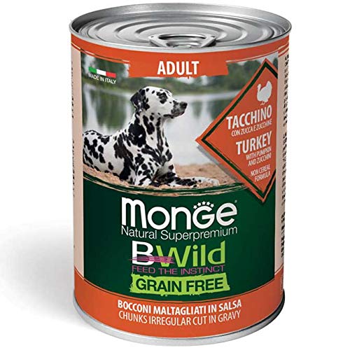 Monge Alimento Cibo Umido per Cani Bwild Grain Free Adult Tacchino Zucca ZUCCHINE GR.400X24PZ