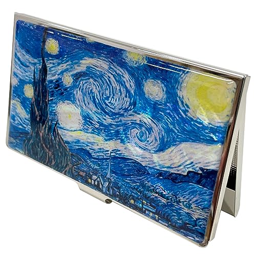 Image of Mother of Pearl Business Card Case Credit Id Name Holder Travel Wallet Art Painting Design Metal Stainless Steel Engraved Slim Purse Pocket Cash Money Wallet (Starry Night)