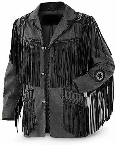 Image of Men's Traditional Cowboy Western Leather Jacket | Native American Authentic Suede Coat with Beaded & Fringed