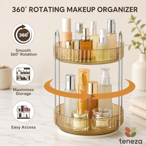 Image of 360 Rotating Organizer, dressing table organiser, rotating makeup organisers, Plastic dressing table organizer for storage Lipsticks, Nail Polishes & Perfume Organizer | Bathroom tray - Yellow,2 Layer