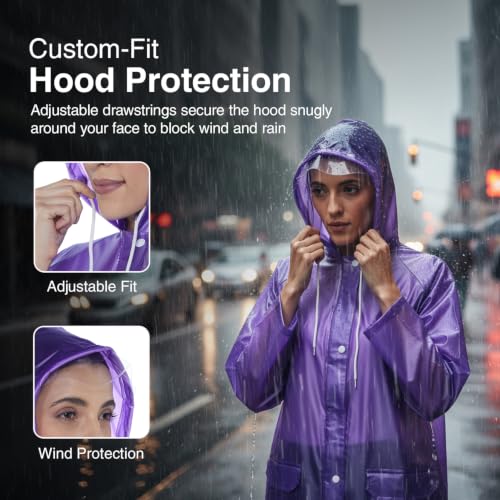 Image of Amazon Brand - Symactive Women's Raincoat | Waterproof Lightweight One Piece PVC Long Coat with Hood | Snap Buttons | Side Pocket | Drawstring Hood | Purple, M