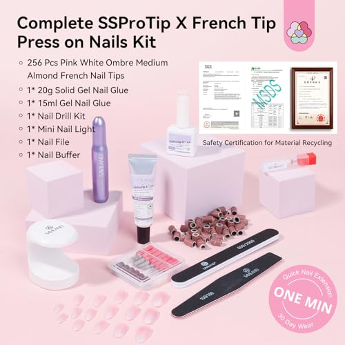 Image of SAVILAND Press On Almond Nails: 4-In-1 Tips With Glue, White Pink Ombre Medium, 256 Pcs False Tips, Strong Glue, Mini Lamp, Electric Drill, Nail Stuff for Home